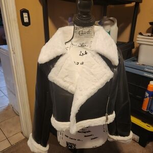 Women's Black and White Faux Leather Jacket